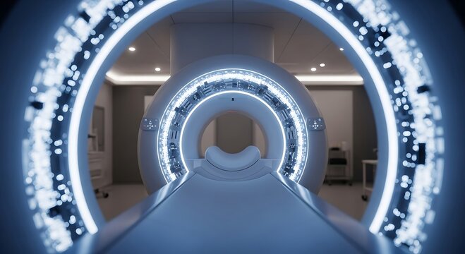 Modern MRI Machine in a Hospital Setting with Blue Neon Lights.