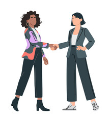 Obraz premium Two diverse women in modern business attire shaking hands. Flat vector illustration isolated on white background.