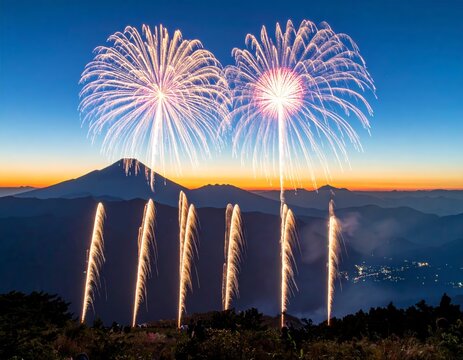 Spectacular fireworks illuminate the evening sky above majestic mountains and a glowing horizon - Powered by Adobe