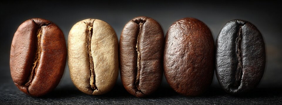 four different types of coffee beans lined up in a row