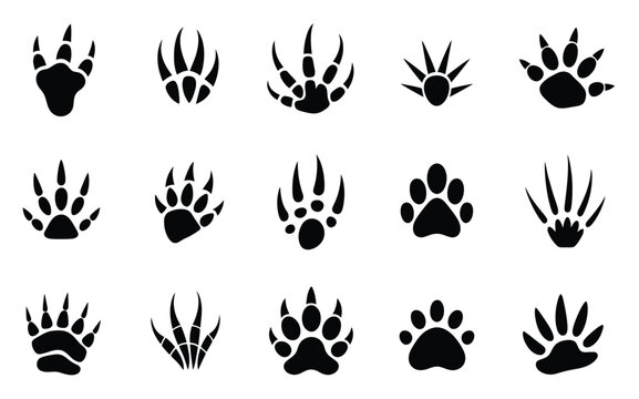 Jurassic era wild animal footprints in vector style featuring dinosaur and ancient beast paw prints, suitable for educational materials, prehistoric illustrations, and grunge vector artwork