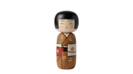 A traditional Japanese wooden Kokeshi doll with a smiling face, black bob haircut, and a brown kimono decorated with floral patterns. background removed