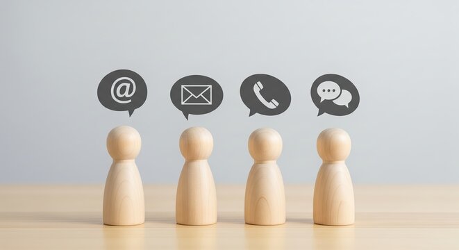  communication concept. Wooden figures with email, phone, and chat icons.