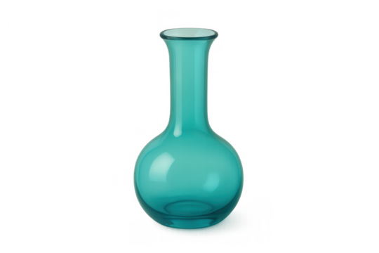 Turquoise glass vase with long neck and round base, empty transparent glassware for home decor, isolated on transparent background - Powered by Adobe
