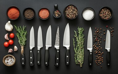 Variety of chef knives arranged with colorful spices and fresh herbs on black background. Culinary arts and gourmet cooking concept with copy space
