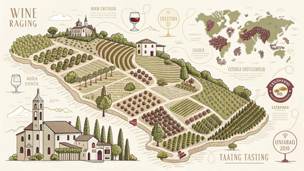Fototapeta premium Detailed vintage illustration of vineyard landscape with buildings