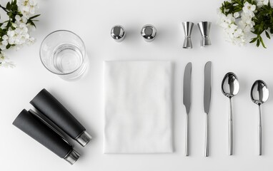 Sophisticated table arrangement featuring white napkin, silverware, and delicate floral decor. Luxury dining and event planning concept with copy space