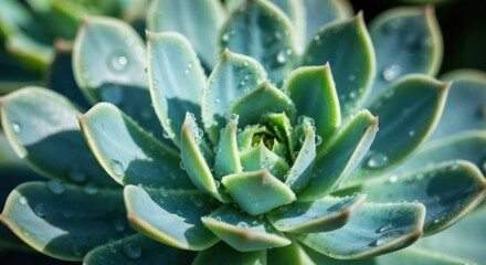 Fototapeta premium Close-up of a succulent rosette, vibrant teal-green leaves with water droplets