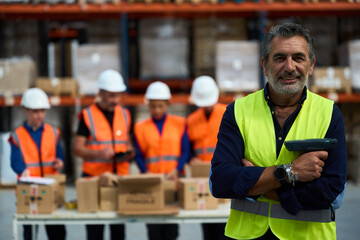 Warehouse manager holding scanner supervising packing team