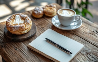 Creative writing setup in a sunlit cafe with latte art coffee, flaky pastries, and open notebook, perfect for capturing inspiration and indulging in a relaxing atmosphere