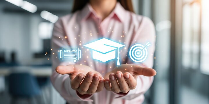 E-learning and online education concept. Woman holding glowing digital academic icons like diploma and mortarboard.
 - Powered by Adobe