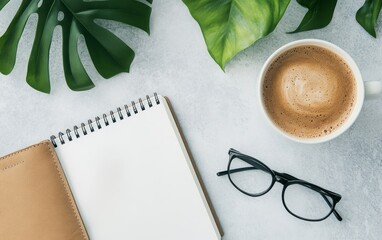 Modern minimalist workspace setup with coffee, spiral notebook, eyeglasses, and lush green monstera leaves, creating a fresh and inspiring home office environment