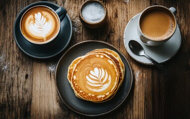 Gourmet breakfast featuring latte art coffee, fluffy pancakes, and espresso on rustic wooden table, showcasing barista skills and homemade comfort food