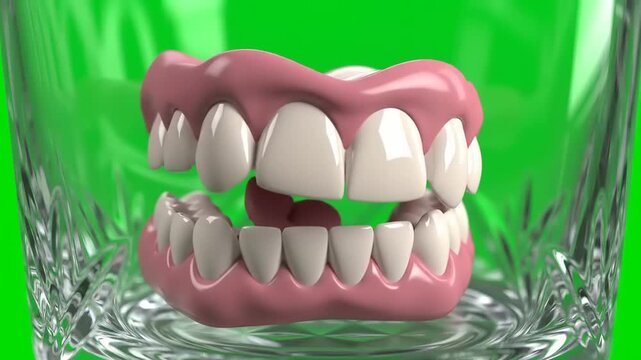 Dentures soaking in a glass with a green background, dental care animation for health products or oral hygiene promotions, fresh and clean design