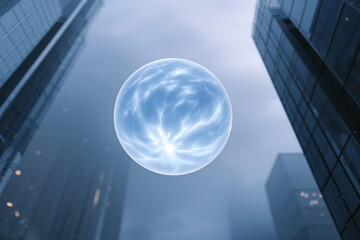 Glowing energy orb floating between modern city buildings