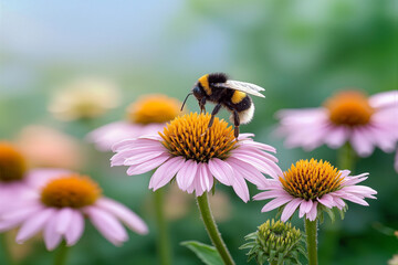 Obraz premium Bumblebee pollinating pink coneflower in summer garden
