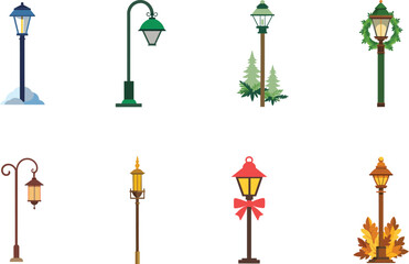 A vector illustration of a vintage metal street lamp post set with old lanterns and trident-like ornamentation