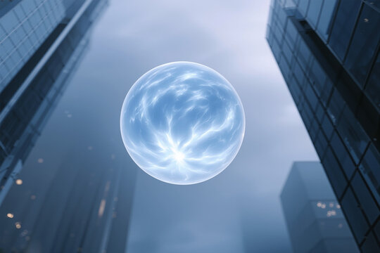 Glowing energy orb floating between modern city buildings - Powered by Adobe