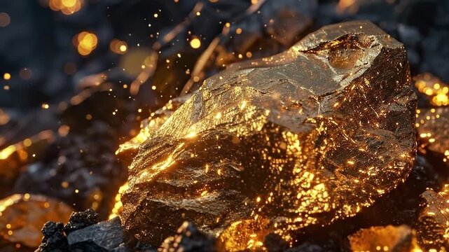 Close-up of a Shimmering Natural Gold Nugget on Dark Rock Surface.