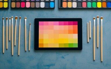 Creative workspace featuring digital tablet with colorful display, surrounded by paintbrushes and watercolor palette, showcasing blend of traditional and digital art techniques