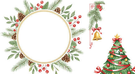 Festive Christmas Holiday Decoration Vector Set Featuring a Elegant Golden Wreath, Pine Tree, Corner Ornament, and Red Berry Elements for Design