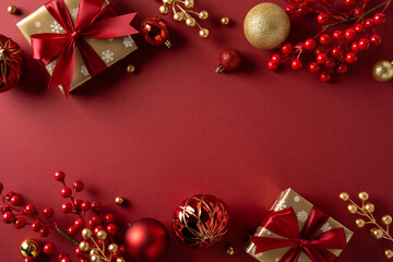 A festive scene featuring wrapped gifts, red ribbons, gold ornaments, and red berries on a deep red...
