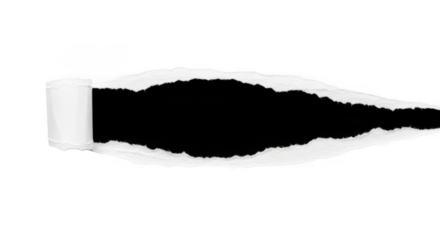 Horizontal strip of torn white paper revealing a solid black background underneath, isolated on transparent background