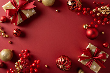 A rich red holiday setup features wrapped gifts, shiny ornaments, berries, and gold accents,...