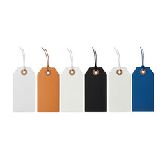 Assortment of six blank paper gift tags in white, orange, black, and blue colors isolated on transparent background