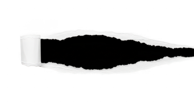 Horizontal strip of torn white paper revealing a solid black background underneath, isolated on transparent background - Powered by Adobe