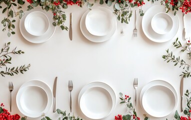 Elegant white table setting for Christmas dinner with holly and red berry decorations. Clean plates, silverware, and ample copy space for menu or greeting
