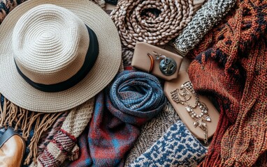 Stylish autumn fashion essentials including straw hat, scarves, jewelry, and knitted sweaters. Warm earth tones create a cozy seasonal look
