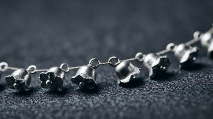 Tiny silver bells and matte ornaments arranged in a gentle curve on charcoal paper, open bottom copy space