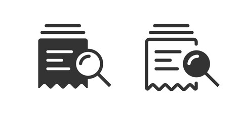 Receipts bills audit inspect icon simple minimal line stroke outline graphic illustration set, invoice documents pile review analysis via magnifying glass solid bold pictogram, pay check verify