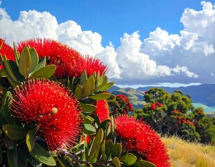 Vibrant pohutukawa blooms against a backdrop of scenic new zealand landscape