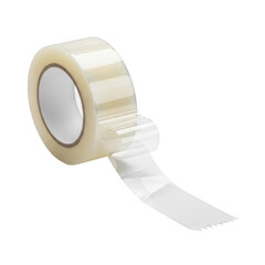 Roll of clear transparent packing tape with a piece unrolled, isolated on transparent background
