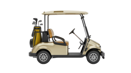 A beige and gold golf cart with a yellow golf bag and clubs, presented against a solid transparent background, ready for the course. background removed