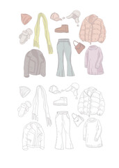 Winter fashion clothes things jacket scarf hat New Year fashion style women's fashion accessories sheepskin coat hand-drawn