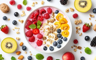Vibrant breakfast bowl filled with fresh berries, kiwi, granola and yogurt on white background, showcasing a nutritious and appetizing morning meal