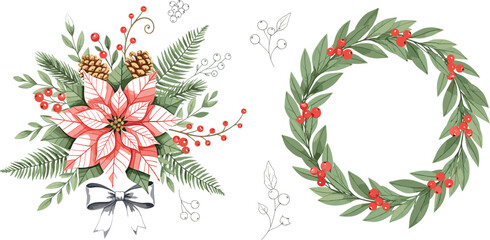 Set of Two Identical Stylized Vector Christmas Wreaths Featuring Light Blue Holly Leaves and Bright Red Berries, Decorated with a Red Ribbon and a Pair of Small Red Birds Perched on a Branch