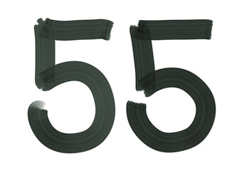 Number fifty-five, 55 made with Plaster Rake Brush on transparent background, Digit, Black color, Dark-green color, isolated background, Illustration, Typography, Handmade, Set 0-100