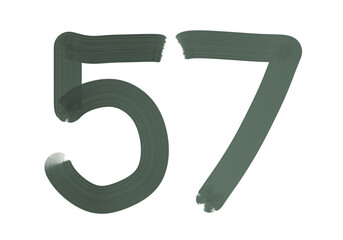 Number fifty-seven, 57 made with Plaster Rake Brush on transparent background, Digit, Black color, Dark-green color, isolated background, Illustration, Typography, Handmade, Set 0-100