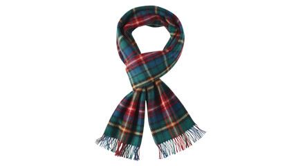 Fototapeta premium A cozy red, blue, and green plaid tartan scarf, stylishly tied with fringed ends, perfect for winter fashion. background removed