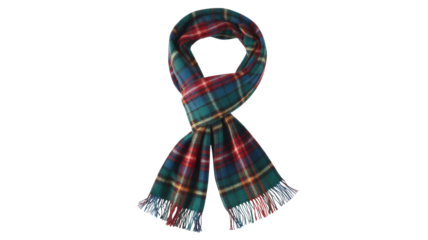A cozy red, blue, and green plaid tartan scarf, stylishly tied with fringed ends, perfect for winter fashion. background removed