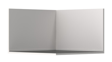 Minimalist corner room with white walls and dark floor, perfect for product placement