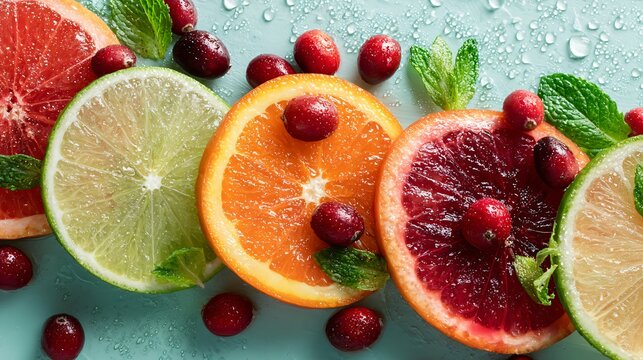 Winter citrus slices, cranberries, and fresh mint arranged on pastel aqua background, open left area