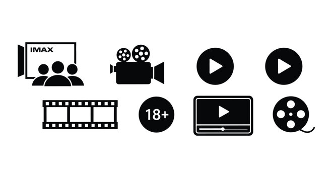 Movie cinema film video play imax camera reel entertainment icons set