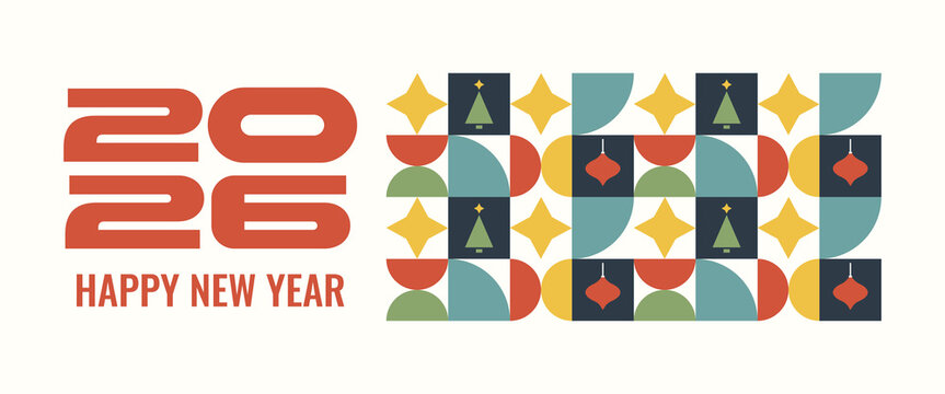 Modern New Year banner design with geometric pattern and logo 2026