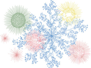 Abstract network diagram, radial burst pattern, colorful fractal structure, data visualization art, organic symmetry, branching design, vector illustration