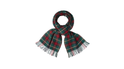 This image shows a festive red and green plaid tartan scarf, elegantly draped with fringed ends, perfect for winter warmth and classic style. background removed